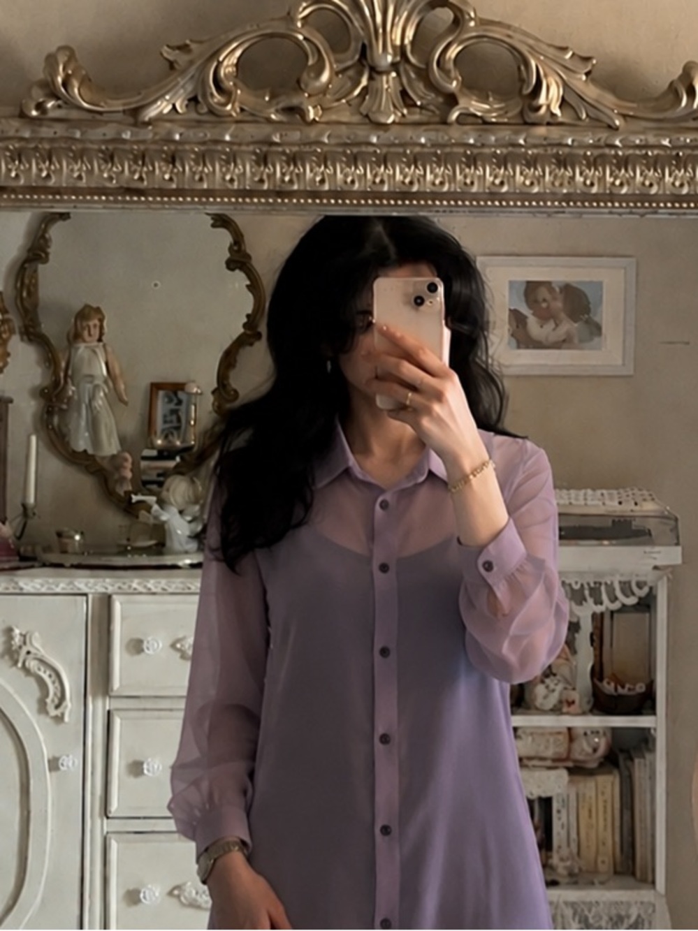 Lavender Button-Front Sheer Long Shirt Dress